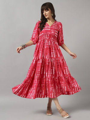 Femvy Women Printed Ethnic Dress Kurta(Pink)