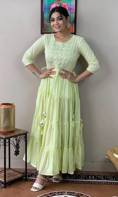 NeedlesCra Women Embroidered Gown Kurta(Light Green)