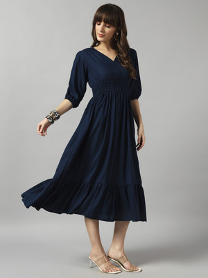 Krunal Raiyani Women Fit and Flare Blue Midi/Calf Length Dress