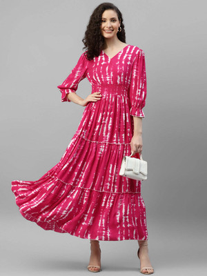 Jash Creation Women Fit and Flare Pink Maxi/Full Length Dress