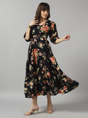 Jash Creation Women Fit and Flare Gold Maxi/Full Length Dress