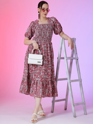 Jash Creation Women Fit and Flare Pink Midi/Calf Length Dress