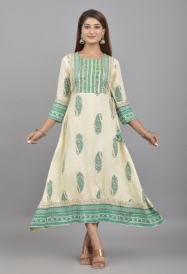 Shri Krishna Print Women Embroidered Flared Kurta(Green)