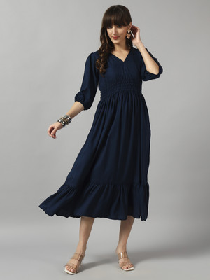 Krunal Raiyani Women Fit and Flare Blue Midi/Calf Length Dress
