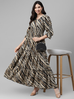 Krunal Raiyani Women Fit and Flare Beige Maxi/Full Length Dress