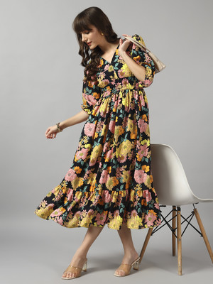 Krunal Raiyani Women Fit and Flare Yellow Midi/Calf Length Dress