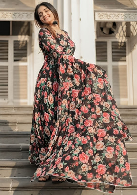 JS CREATIVE Anarkali Gown(Black)