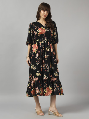 Jash Creation Women Fit and Flare Multicolor Midi/Calf Length Dress