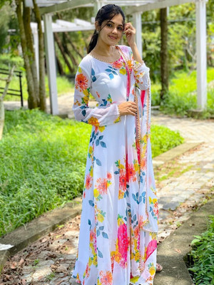 Jash Creation Women Fit and Flare White Maxi/Full Length Dress