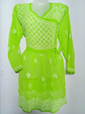 Lucknow Chikan Art Straight Gown(Light Green)