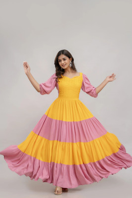 ftDiva Anarkali Gown(Pink, Yellow)