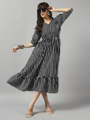 Jash Creation Women Fit and Flare Black, White Midi/Calf Length Dress