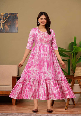 SHREE SHYAM TEXTILE Anarkali Gown(Pink, White)