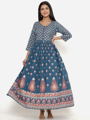 INDIANIC Women Floral Print Anarkali Kurta(Blue)