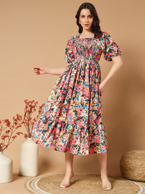 Jash Creation Women Fit and Flare Beige Midi/Calf Length Dress