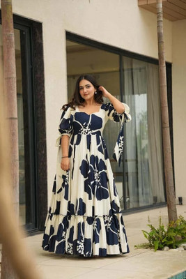allpropershop Women Fit and Flare Dark Blue, White Maxi/Full Length Dress