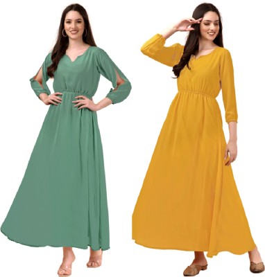 SUMERTEX Anarkali Gown(Green, Yellow)