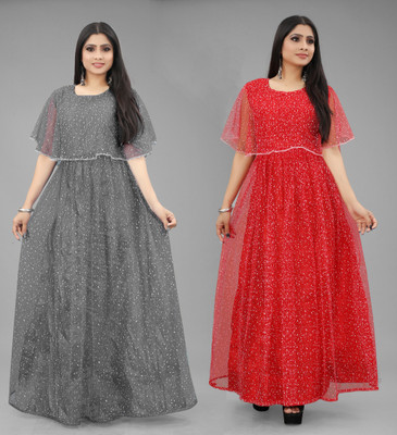 DECOFIN Flared/A-line Gown(Grey, Red)