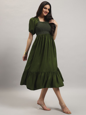 Jash Creation Women Fit and Flare Light Green Ankle Length Dress