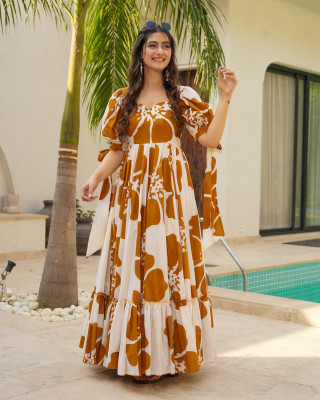 ajudiya creation Women Gown Yellow, White Maxi/Full Length Dress