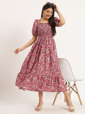 Jash Creation Women Fit and Flare Pink Midi/Calf Length Dress
