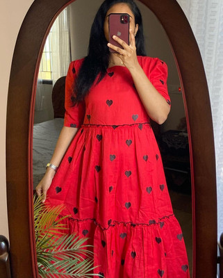 r r brothers Women Block Print A-line Kurta(Red)