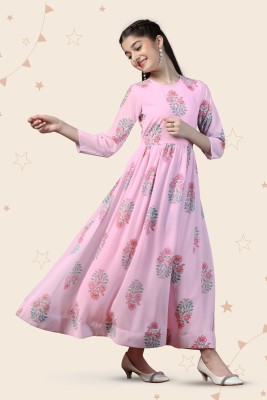 Kidotsav Girls Maxi/Full Length Festive/Wedding Dress(Pink, 3/4 Sleeve)