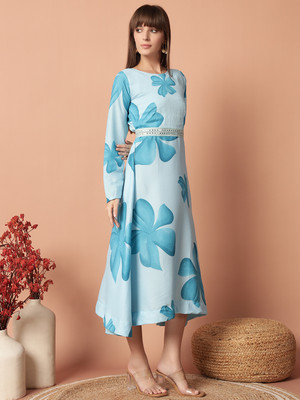Jash Creation Women Fit and Flare Blue Maxi/Full Length Dress