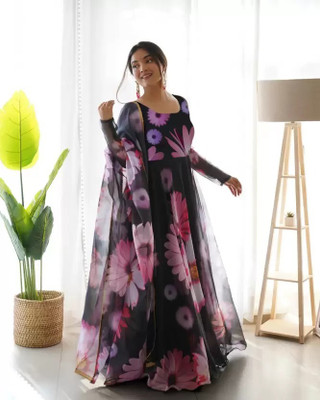 nv patel Women Printed Anarkali Kurta(Black)