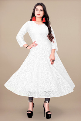 URUFASHIONMART Women Self Design A-line Kurta(White)