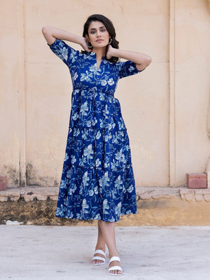 Jash Creation Women Fit and Flare Blue Maxi/Full Length Dress