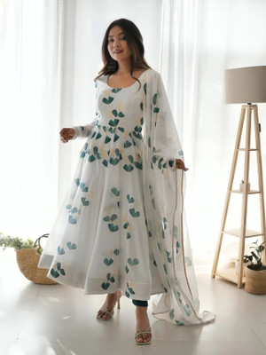 JS CREATIVE Anarkali Gown(White, Green)