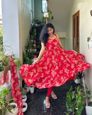 Dream Tree Women Fit and Flare Red Maxi/Full Length Dress