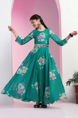 Sangria Girls Maxi/Full Length Festive/Wedding Dress(Green, Full Sleeve)