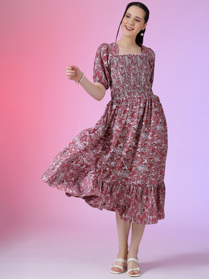 Jash Creation Women Fit and Flare Pink Midi/Calf Length Dress
