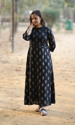 Jaipuri Bunaai Flared/A-line Gown(Black)
