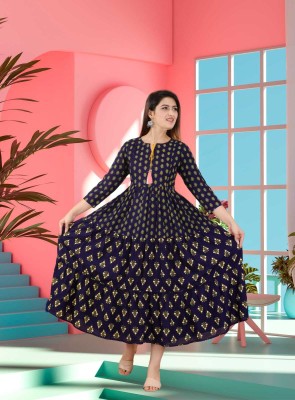 Damsel Women Printed Anarkali Kurta(Dark Blue, Yellow, White)