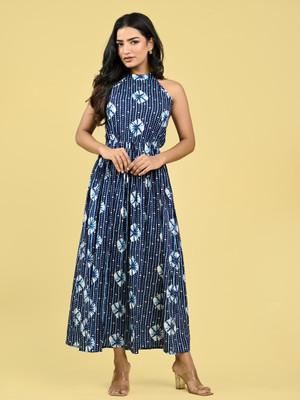 METRONAUT Women Empire Waist Blue Maxi/Full Length Dress