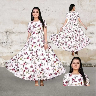 U CREATION Anarkali Gown(White)