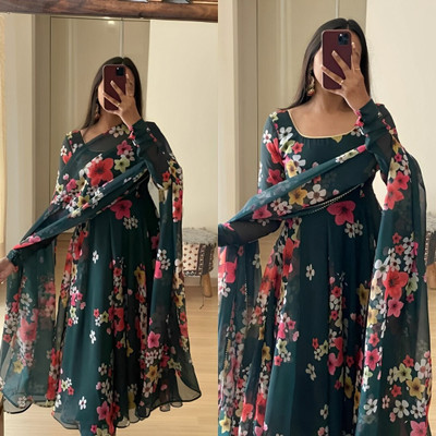 JS CREATIVE Anarkali Gown(Dark Green)