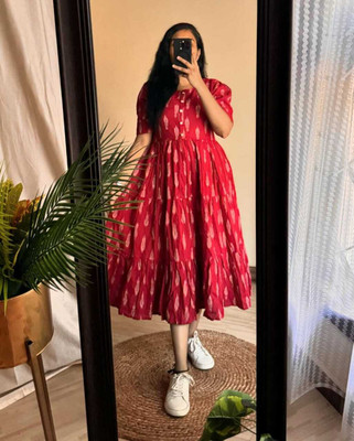 YOGUN Women A-line Red Midi/Calf Length Dress
