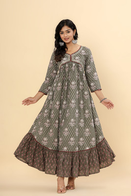 jaipurite Women Floral Print Anarkali Kurta(Grey)