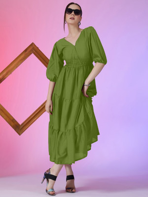 Jash Creation Women Fit and Flare Light Green Midi/Calf Length Dress