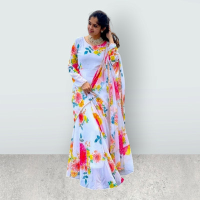 KLAWIA Women Floral Print Gown Kurta(White)