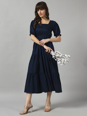 Krunal Raiyani Women Fit and Flare Blue Midi/Calf Length Dress