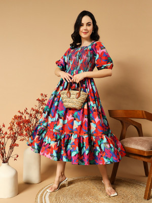 Krunal Raiyani Women Fit and Flare Multicolor Midi/Calf Length Dress