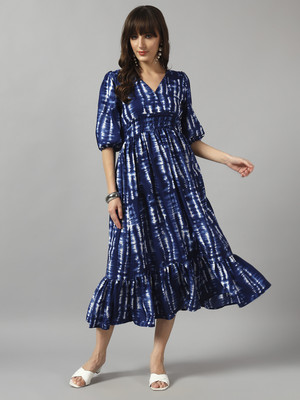 Krunal Raiyani Women Fit and Flare Blue Midi/Calf Length Dress
