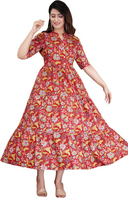 KALPHEM Women Floral Print Anarkali Kurta(Red)