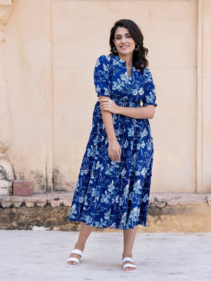 Jash Creation Women Fit and Flare Blue Maxi/Full Length Dress