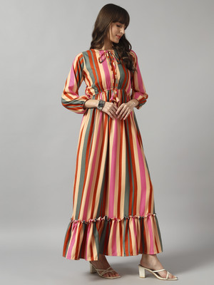 Jash Creation Women Fit and Flare Multicolor Midi/Calf Length Dress